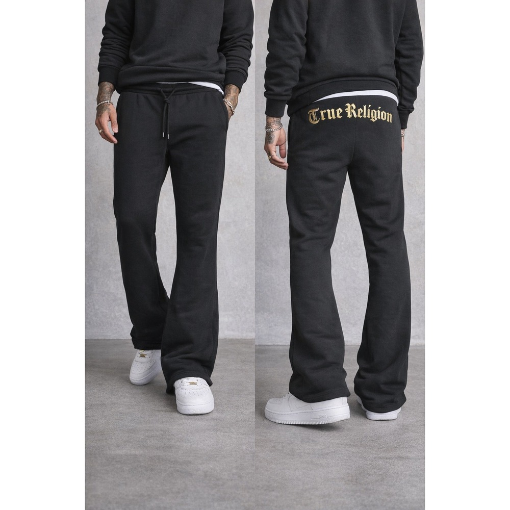 NWT True Religion Gothic TR Flare Sweatpants Black Gold Logo Mens XL Y2K